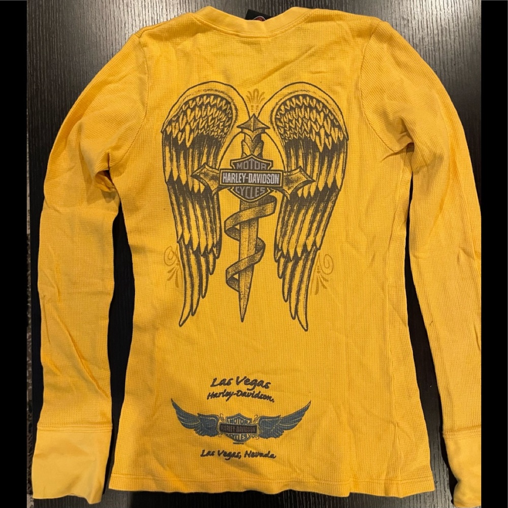Ladies Harley Davidson Yellow V Neck Thermal with Angel Wings Sz S